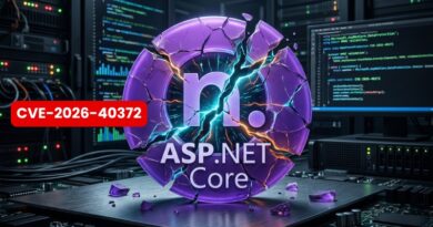 Cracked purple ASP.NET Core logo with a red CVE-2026-40372 badge in a data center server room, highlighting a security vulnerability.