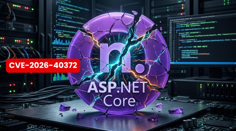 Cracked purple ASP.NET Core logo with a red CVE-2026-40372 badge in a data center server room, highlighting a security vulnerability.