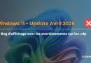 Banner announcing Windows 11 Update April 2026 with a display bug warning about .rdp alerts and a red X icon on the right.