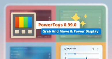 Banner for PowerToys 0.99.0 announcing 'Grab And Move & Power Display' with a colorful icon and pastel UI tiles in the background