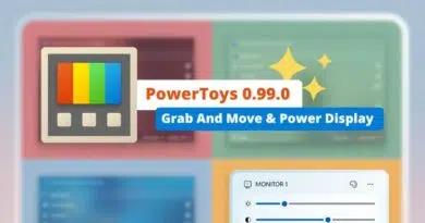 Banner for PowerToys 0.99.0 announcing 'Grab And Move & Power Display' with a colorful icon and pastel UI tiles in the background