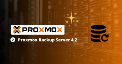 Proxmox Backup Server 4.2 banner with the Proxmox logo on the left and a server rack illustration in orange hues on the right.