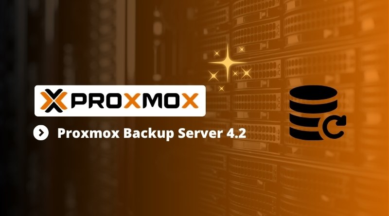 Proxmox Backup Server 4.2 banner with the Proxmox logo on the left and a server rack illustration in orange hues on the right.