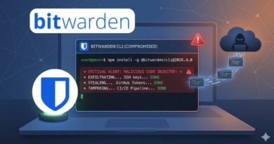 Laptop displaying a compromised Bitwarden CLI with a red alert, shield icon, and a hacker in a cloud in the background.