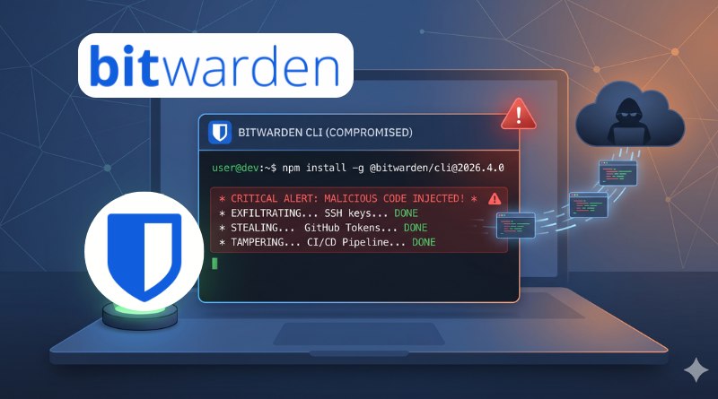 Laptop displaying a compromised Bitwarden CLI with a red alert, shield icon, and a hacker in a cloud in the background.