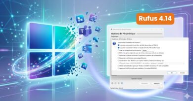Abstract tech scene with Windows logo, floating app icons, and a Rufus 4.14 badge, plus a French settings dialog overlay.