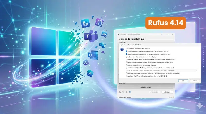 Abstract tech scene with Windows logo, floating app icons, and a Rufus 4.14 badge, plus a French settings dialog overlay.