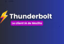 Thunderbolt logo and bold title with a purple rounded badge reading 'Le client IA de Mozilla' on a blue gradient background.