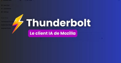 Thunderbolt logo and bold title with a purple rounded badge reading 'Le client IA de Mozilla' on a blue gradient background.