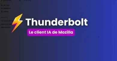 Thunderbolt logo and bold title with a purple rounded badge reading 'Le client IA de Mozilla' on a blue gradient background.