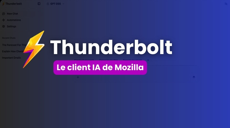 Thunderbolt logo and bold title with a purple rounded badge reading 'Le client IA de Mozilla' on a blue gradient background.