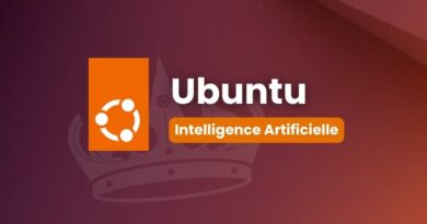 Ubuntu branding banner with orange logo, the word 'Ubuntu', and an orange pill badge reading 'Intelligence Artificielle' on a purple–orange gradient background.