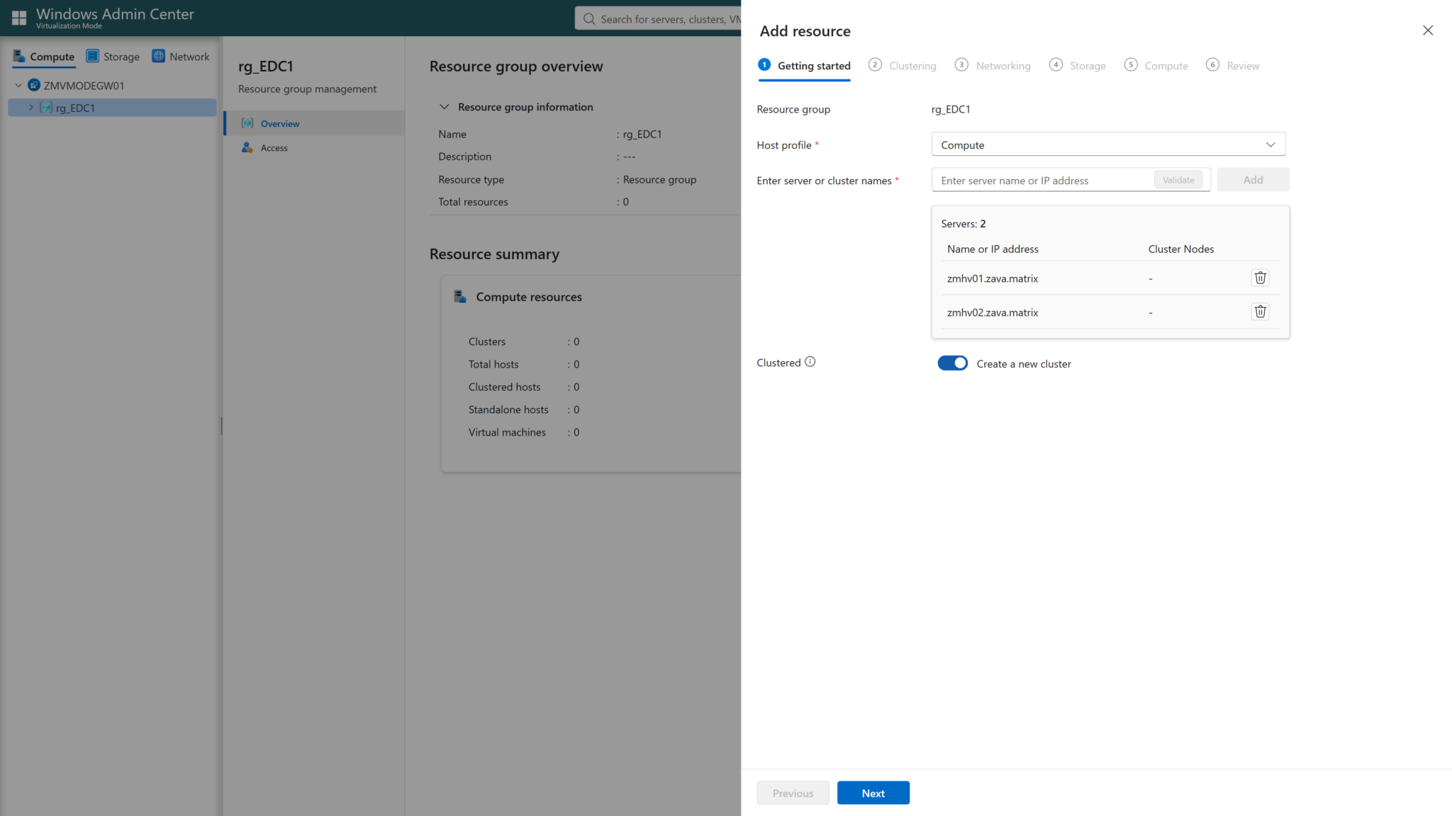 Windows Admin Center: Add resource dialog showing resource group rg_EDC1 with Host profile 'Compute' and two servers (zmhv01.zava.matrix, zmhv02.zava.matrix) listed under 'Servers: 2'