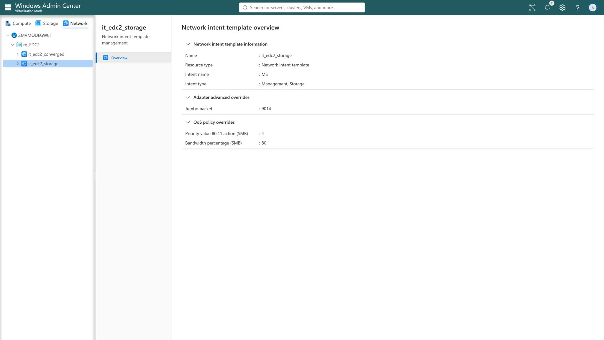 Screenshot of Windows Admin Center network template overview for it_edc2_storage, showing name, resource type, intent name/type and QoS overrides