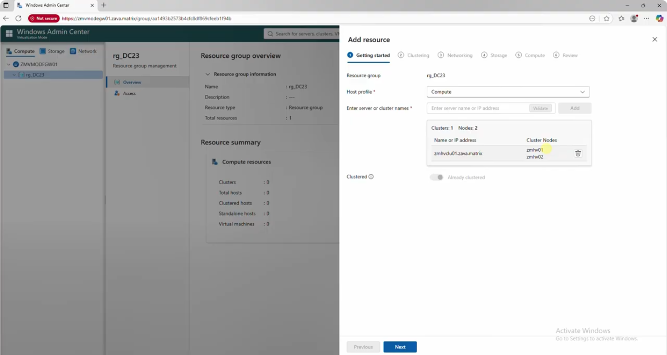 Windows Admin Center screen with a right-side ‘Add resource’ wizard open, showing host profile ‘Compute’ and a two-node cluster.