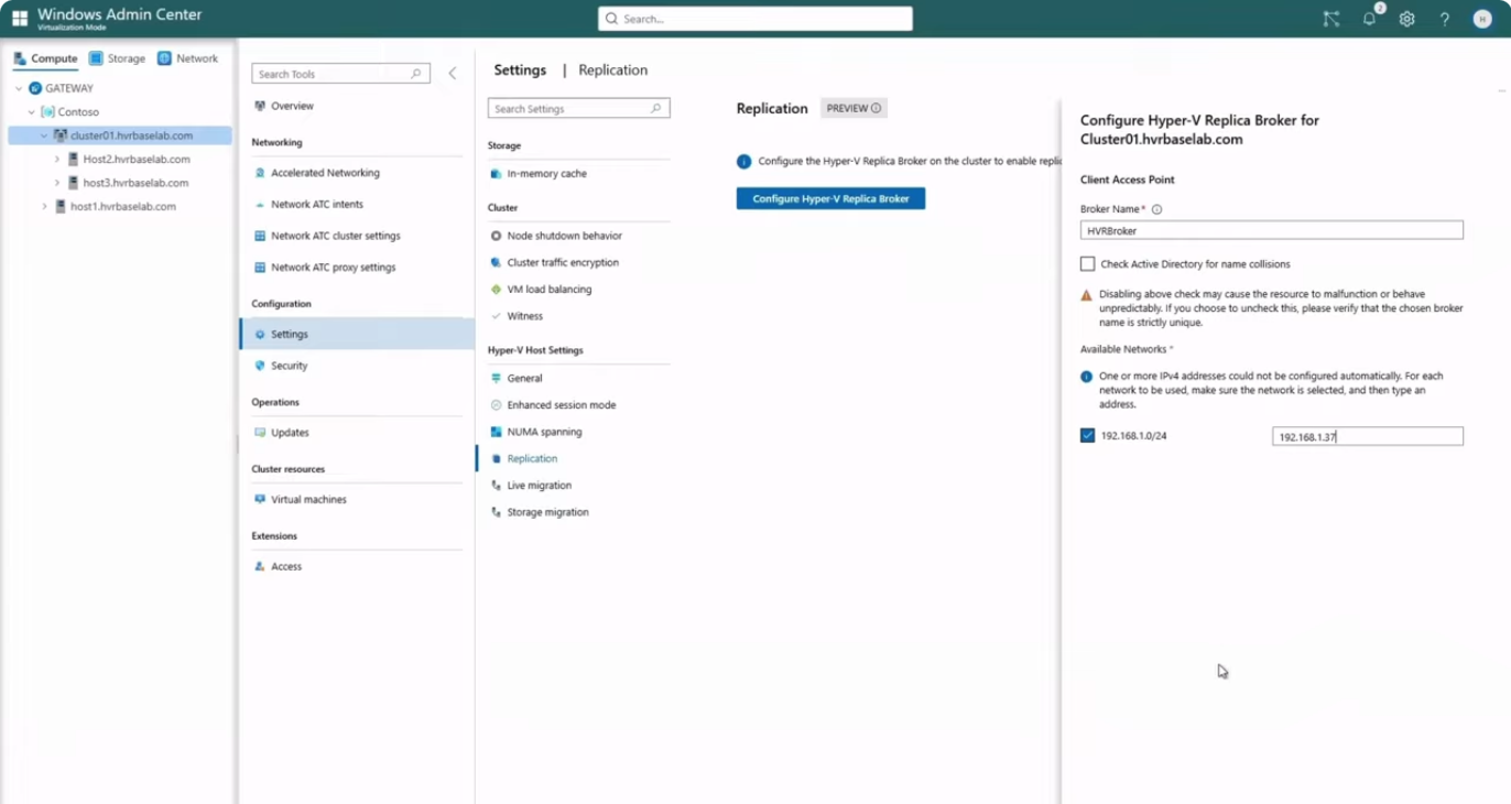 Screenshot of Windows Admin Center UI showing left navigation tree, middle Settings pane, and right Config panel for Hyper-V Replica Broker on cluster01.hvraselab.com