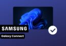 Samsung Galaxy Connect badge on a blue gradient background with a device screen showing blue abstract shapes and a white verification checkmark.