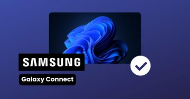 Samsung Galaxy Connect badge on a blue gradient background with a device screen showing blue abstract shapes and a white verification checkmark.