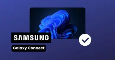 Samsung Galaxy Connect badge on a blue gradient background with a device screen showing blue abstract shapes and a white verification checkmark.