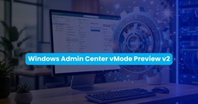 Banner displaying 'Windows Admin Center vMode Preview v2' over a monitor with a large gear icon and server room backdrop in a tech setup.