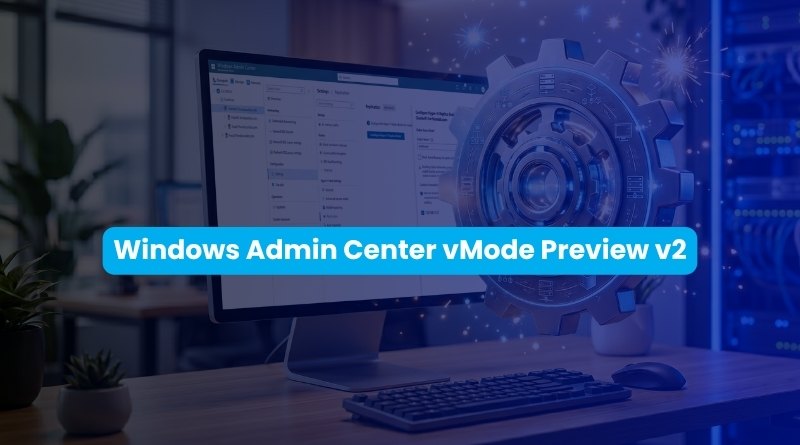 Banner displaying 'Windows Admin Center vMode Preview v2' over a monitor with a large gear icon and server room backdrop in a tech setup.