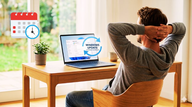 Man relaxing at a wooden desk with a laptop showing a Windows Update notification; a calendar and clock icon float nearby.