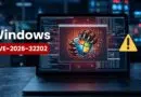 Security alert banner: Windows logo with a clawed shield on a laptop screen, warning of a vulnerability (CVE-2026-32202).