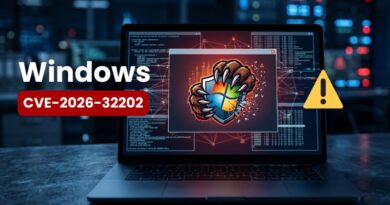 Security alert banner: Windows logo with a clawed shield on a laptop screen, warning of a vulnerability (CVE-2026-32202).