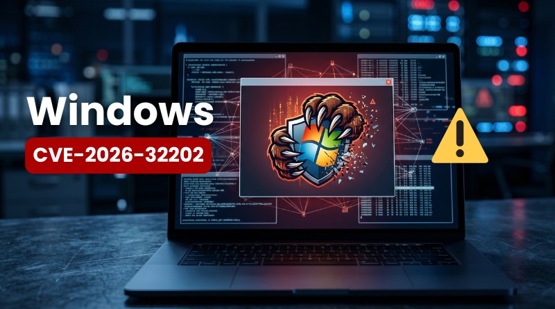 Security alert banner: Windows logo with a clawed shield on a laptop screen, warning of a vulnerability (CVE-2026-32202).