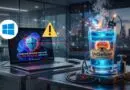 Cybersecurity-themed scene: a laptop shows a Windows Defender exploit warning with a bold alert icon, beside a glowing lab gadget labeled BlueHammer/UnDefend.