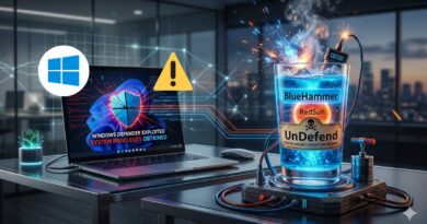 Cybersecurity-themed scene: a laptop shows a Windows Defender exploit warning with a bold alert icon, beside a glowing lab gadget labeled BlueHammer/UnDefend.