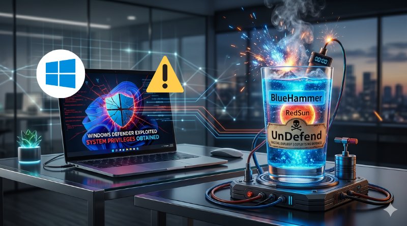 Cybersecurity-themed scene: a laptop shows a Windows Defender exploit warning with a bold alert icon, beside a glowing lab gadget labeled BlueHammer/UnDefend.