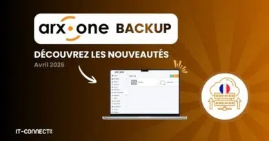 Banner promoting arx.one BACKUP with a laptop mockup and cloud icon, French text reads 'DÉCOUVREZ LES NOUVEAUTÉS' (April 2026).