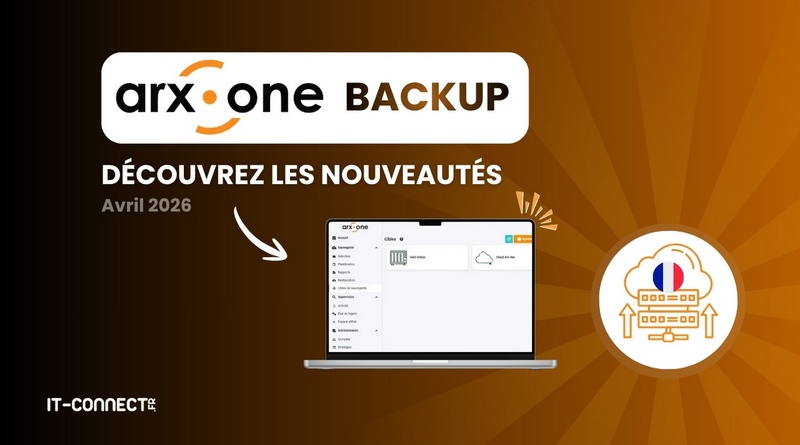 Banner promoting arx.one BACKUP with a laptop mockup and cloud icon, French text reads 'DÉCOUVREZ LES NOUVEAUTÉS' (April 2026).