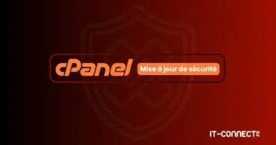 cPanel security update banner on a red gradient background with the IT-Connect logo and the French text 'Mise à jour de sécurité'.