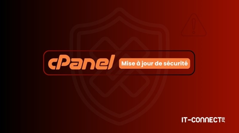 cPanel security update banner on a red gradient background with the IT-Connect logo and the French text 'Mise à jour de sécurité'.