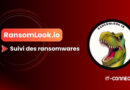Banner for RansomLook.io promoting ransomware tracking, with a red gradient background and the text “Suivi des ransomwares.” a circular logo featuring a dinosaur on the right (IT-Connect partner).