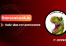 Banner for RansomLook.io promoting ransomware tracking, with a red gradient background and the text “Suivi des ransomwares.” a circular logo featuring a dinosaur on the right (IT-Connect partner).