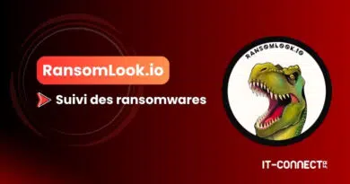Banner for RansomLook.io promoting ransomware tracking, with a red gradient background and the text “Suivi des ransomwares.” a circular logo featuring a dinosaur on the right (IT-Connect partner).