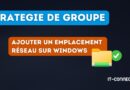Diapositive: Stratégie de groupe — Ajouter un emplacement réseau sur Windows, icône de dossier avec coche.