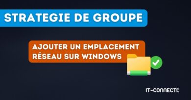 Diapositive: Stratégie de groupe — Ajouter un emplacement réseau sur Windows, icône de dossier avec coche.