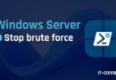 Banner promoting 'Windows Server Stop brute force' with IT-Connect logo on a dark blue gradient background, conveying security messaging for Windows Server.