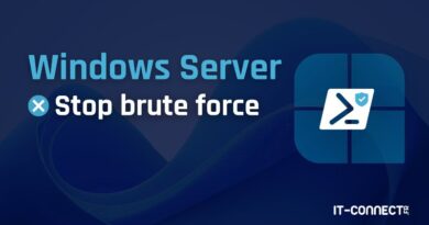 Banner promoting 'Windows Server Stop brute force' with IT-Connect logo on a dark blue gradient background, conveying security messaging for Windows Server.
