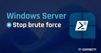 Banner promoting 'Windows Server Stop brute force' with IT-Connect logo on a dark blue gradient background, conveying security messaging for Windows Server.