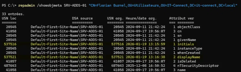 Command prompt showing a repadmin /showobjmeta SRV-ADDS-01 with a metadata table; the row with initials is highlighted in yellow/green.