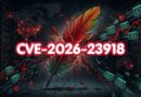 Cybersecurity illustration of a cracked, fiery feather piercing a dark server-room background with 'CVE-2026-23918' text overlay, suggesting a software vulnerability.