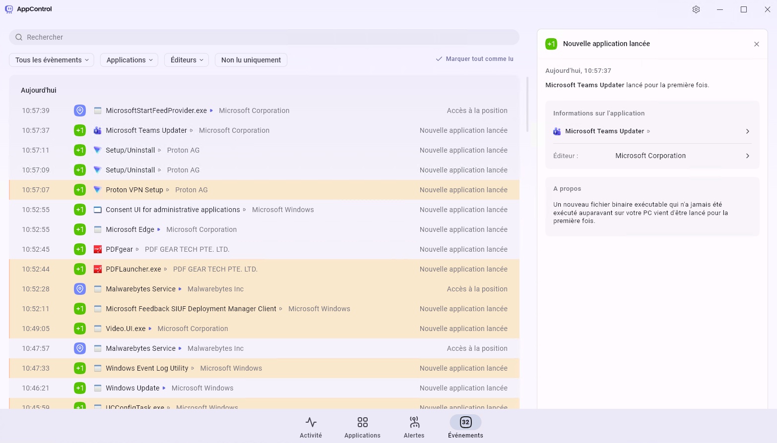 AppControl dashboard showing today's software events list with time stamps, status icons, and a right panel about a newly launched application (Microsoft Teams Updater).