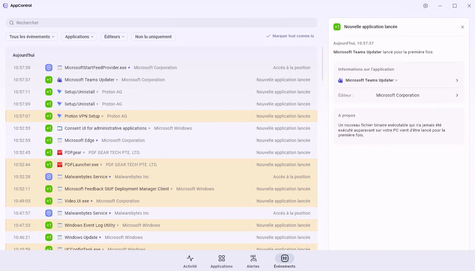 AppControl dashboard showing today's software events list with time stamps, status icons, and a right panel about a newly launched application (Microsoft Teams Updater).