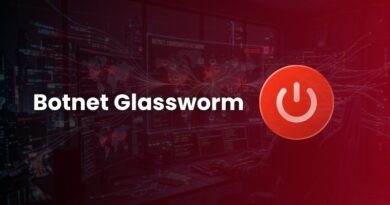 Cybersecurity banner: 'Botnet Glassworm' text with a red circular power icon on the right in a dark network operations center/screen wall.