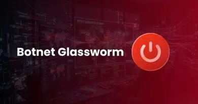 Cybersecurity banner: 'Botnet Glassworm' text with a red circular power icon on the right in a dark network operations center/screen wall.
